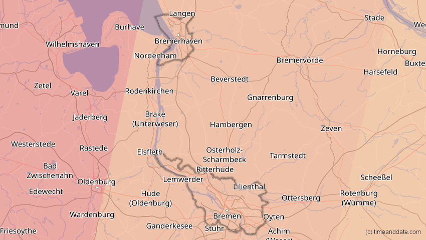 A map of Bremen, Deutschland, showing the path of the 23. Sep 2090 Totale Sonnenfinsternis