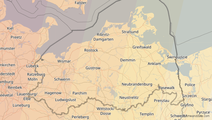 A map of Mecklenburg-Vorpommern, Deutschland, showing the path of the 23. Sep 2090 Totale Sonnenfinsternis
