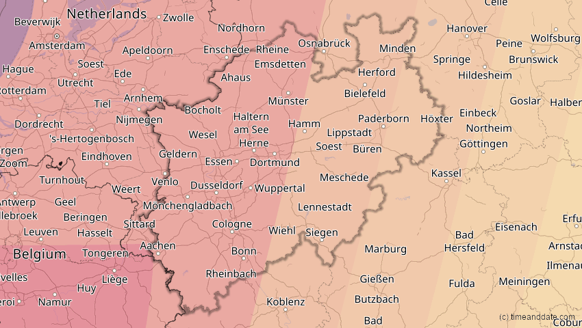 A map of Nordrhein-Westfalen, Deutschland, showing the path of the 23. Sep 2090 Totale Sonnenfinsternis