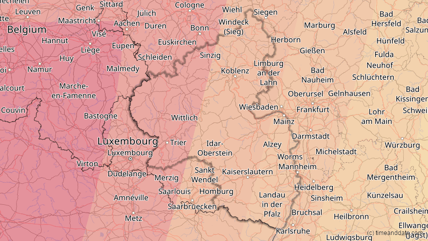 A map of Rheinland-Pfalz, Deutschland, showing the path of the 23. Sep 2090 Totale Sonnenfinsternis