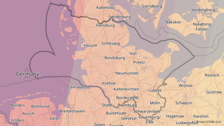 A map of Schleswig-Holstein, Deutschland, showing the path of the 23. Sep 2090 Totale Sonnenfinsternis