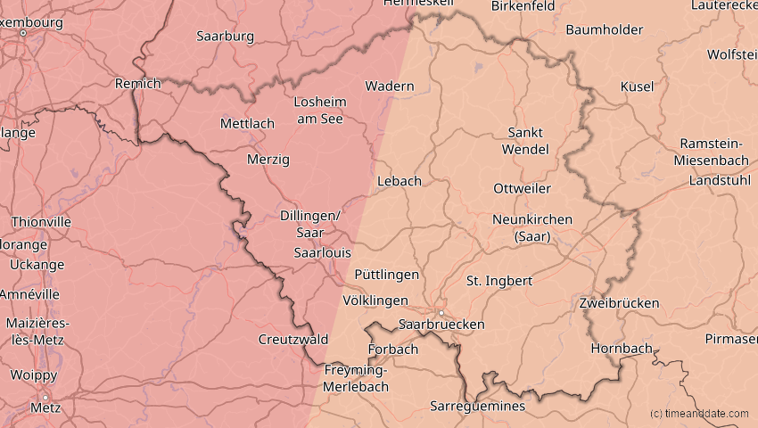 A map of Saarland, Deutschland, showing the path of the 23. Sep 2090 Totale Sonnenfinsternis