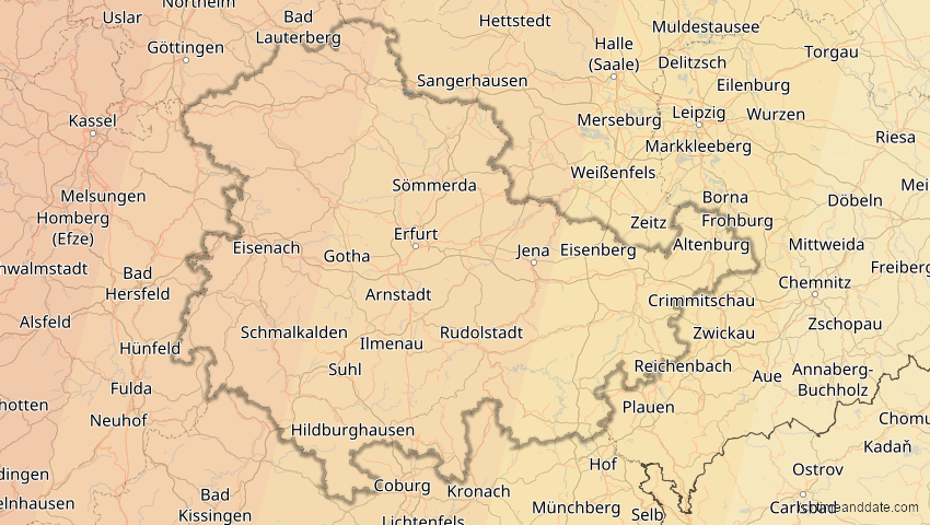 A map of Thüringen, Deutschland, showing the path of the 23. Sep 2090 Totale Sonnenfinsternis