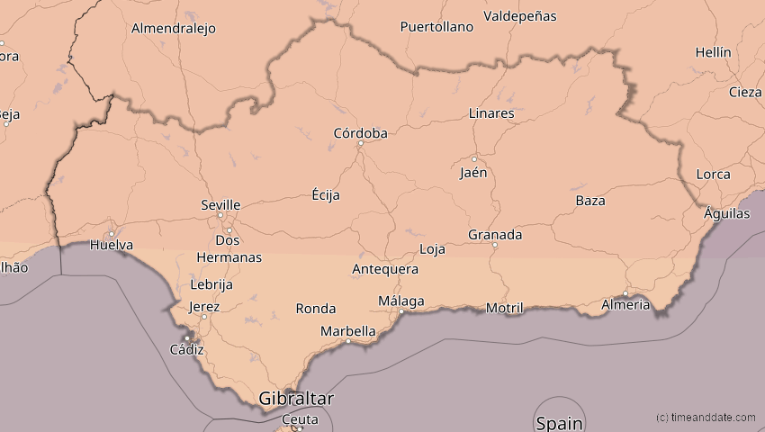 A map of Andalusien, Spanien, showing the path of the 23. Sep 2090 Totale Sonnenfinsternis