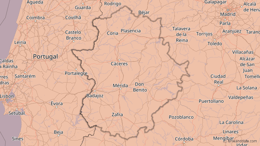 A map of Extremadura, Spanien, showing the path of the 23. Sep 2090 Totale Sonnenfinsternis