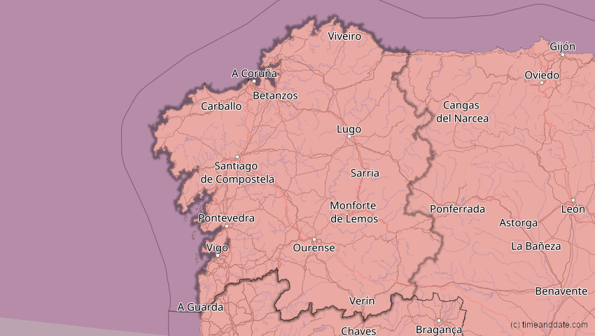 A map of Galicien, Spanien, showing the path of the 23. Sep 2090 Totale Sonnenfinsternis