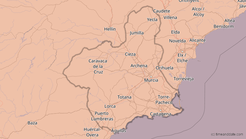 A map of Murcia, Spanien, showing the path of the 23. Sep 2090 Totale Sonnenfinsternis
