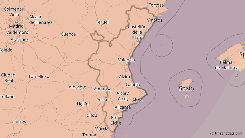 A map of Valencia, Spanien, showing the path of the 23. Sep 2090 Totale Sonnenfinsternis