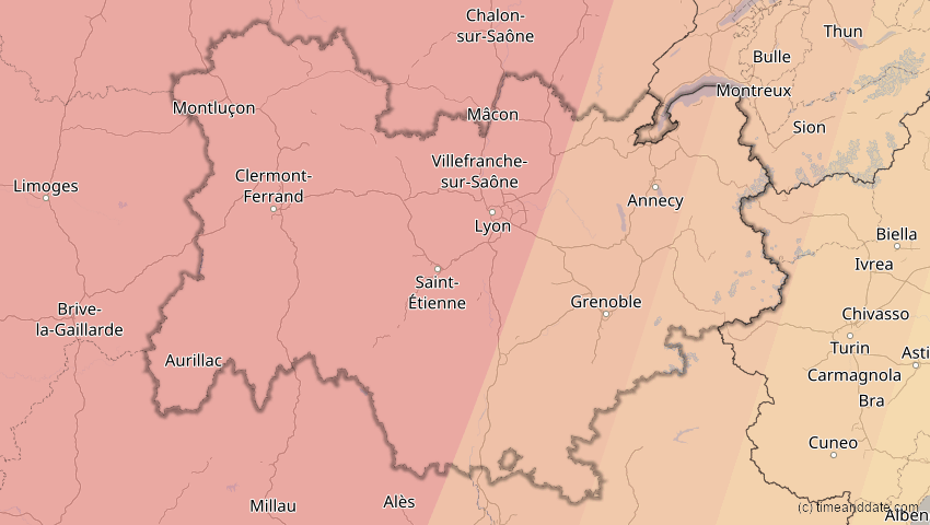 A map of Auvergne-Rhône-Alpes, Frankreich, showing the path of the 23. Sep 2090 Totale Sonnenfinsternis
