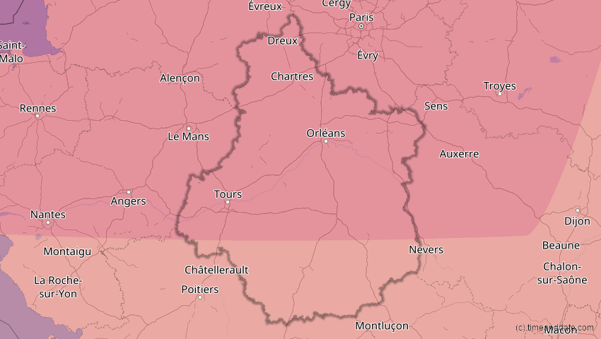 A map of Centre-Val de Loire, Frankreich, showing the path of the 23. Sep 2090 Totale Sonnenfinsternis