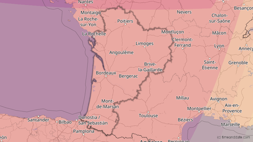 A map of Nouvelle-Aquitaine, Frankreich, showing the path of the 23. Sep 2090 Totale Sonnenfinsternis