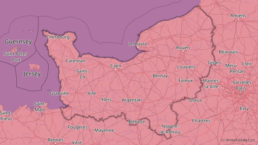 A map of Normandie, Frankreich, showing the path of the 23. Sep 2090 Totale Sonnenfinsternis