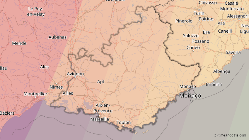 A map of Provence-Alpes-Côte d’Azur, Frankreich, showing the path of the 23. Sep 2090 Totale Sonnenfinsternis