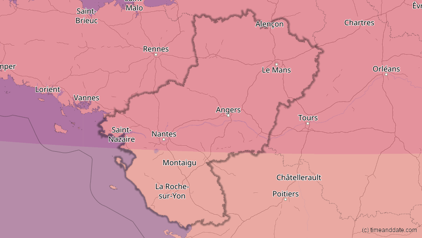 A map of Pays de la Loire, Frankreich, showing the path of the 23. Sep 2090 Totale Sonnenfinsternis