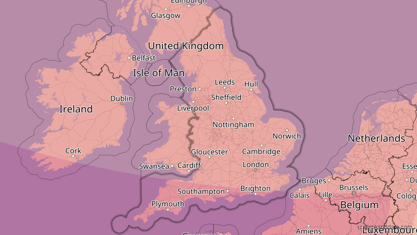 A map of England, Großbritannien, showing the path of the 23. Sep 2090 Totale Sonnenfinsternis