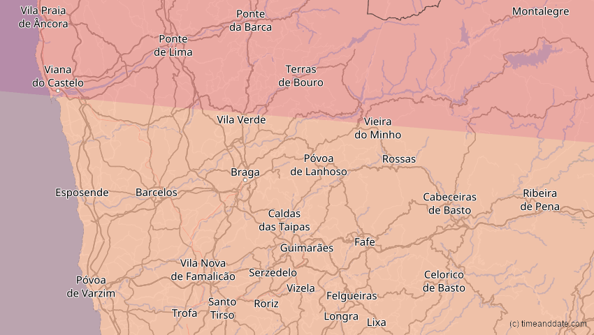 A map of Braga, Portugal, showing the path of the 23. Sep 2090 Totale Sonnenfinsternis