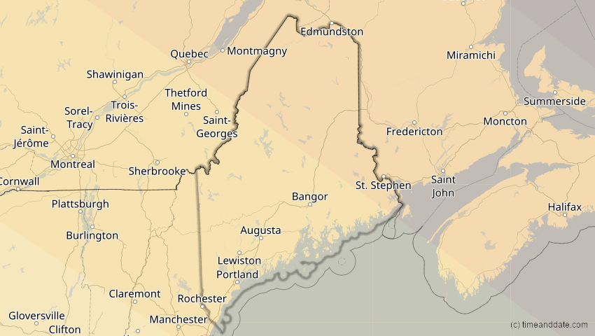 A map of Maine, USA, showing the path of the 23. Sep 2090 Totale Sonnenfinsternis