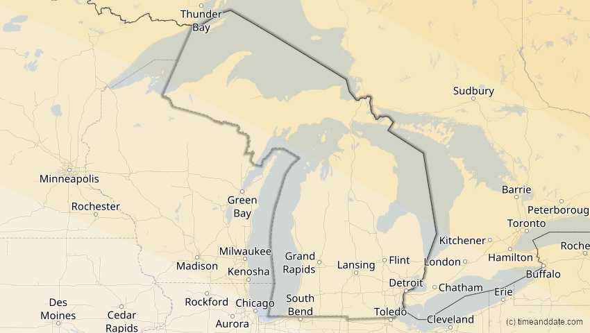A map of Michigan, USA, showing the path of the 23. Sep 2090 Totale Sonnenfinsternis