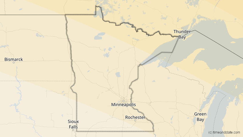 A map of Minnesota, USA, showing the path of the 23. Sep 2090 Totale Sonnenfinsternis
