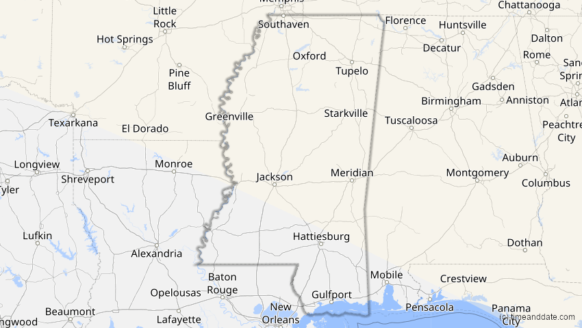 A map of Mississippi, USA, showing the path of the 23. Sep 2090 Totale Sonnenfinsternis