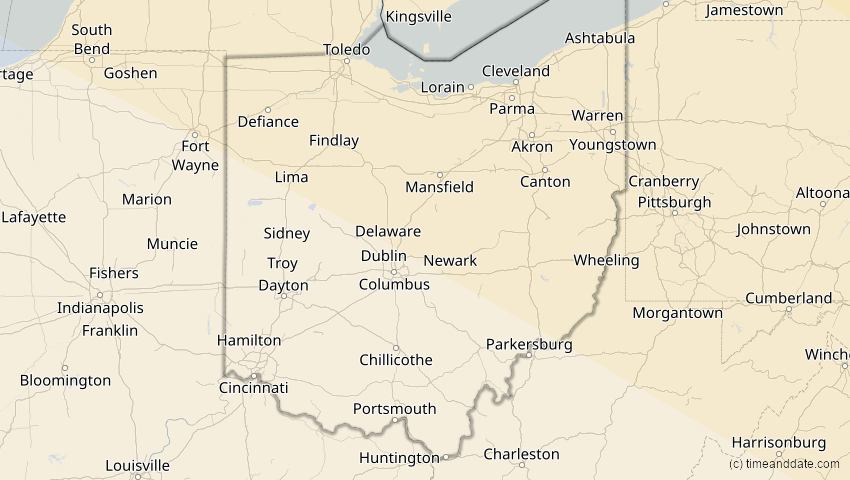 A map of Ohio, USA, showing the path of the 23. Sep 2090 Totale Sonnenfinsternis