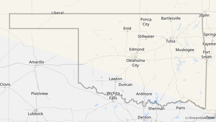 A map of Oklahoma, USA, showing the path of the 23. Sep 2090 Totale Sonnenfinsternis