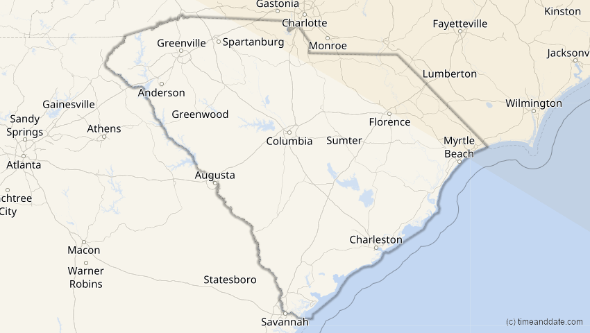 A map of South Carolina, USA, showing the path of the 23. Sep 2090 Totale Sonnenfinsternis