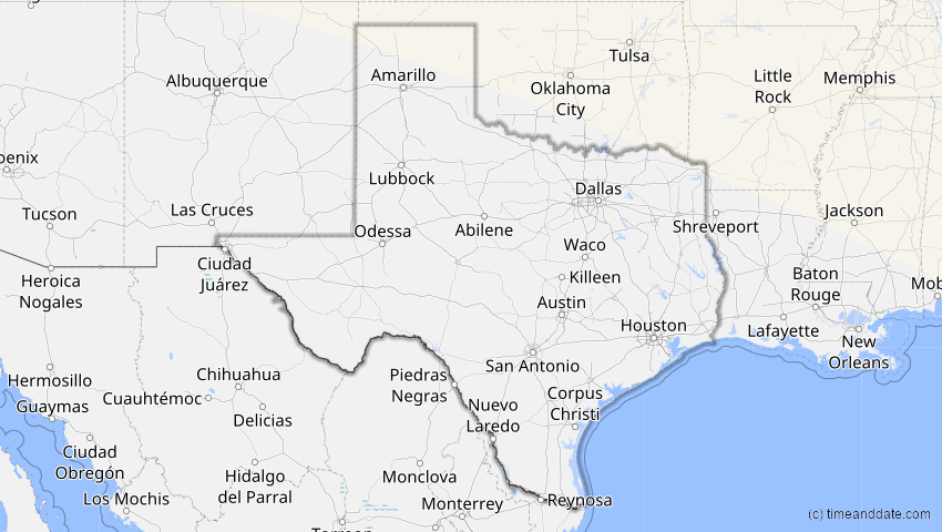 A map of Texas, USA, showing the path of the 23. Sep 2090 Totale Sonnenfinsternis