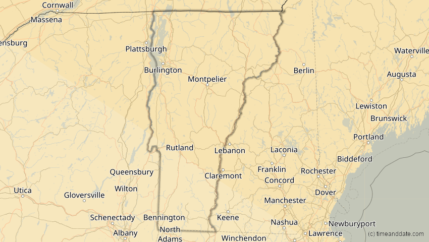 A map of Vermont, USA, showing the path of the 23. Sep 2090 Totale Sonnenfinsternis