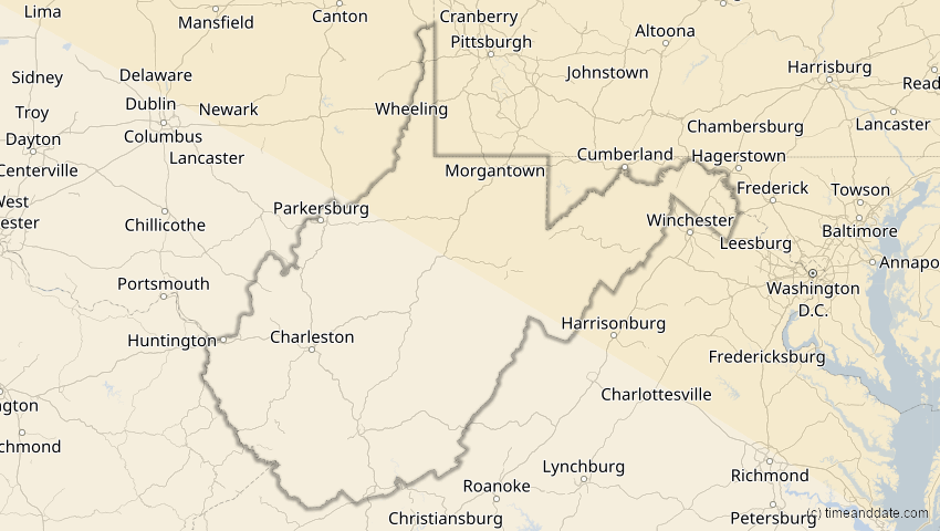 A map of West Virginia, USA, showing the path of the 23. Sep 2090 Totale Sonnenfinsternis