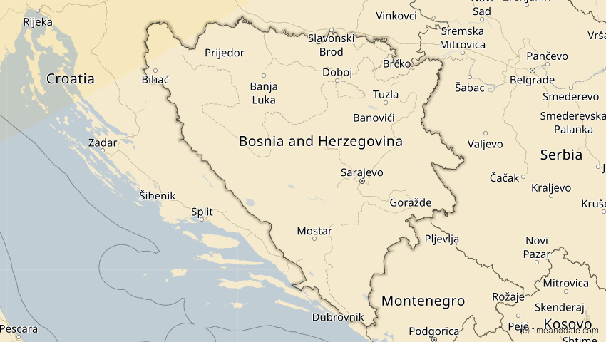 A map of Bosnien und Herzegowina, showing the path of the 18. Feb 2091 Partielle Sonnenfinsternis