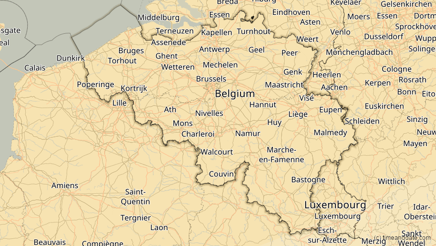 A map of Belgien, showing the path of the 18. Feb 2091 Partielle Sonnenfinsternis
