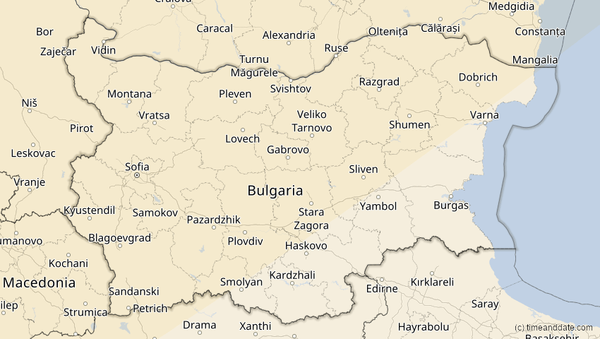 A map of Bulgarien, showing the path of the 18. Feb 2091 Partielle Sonnenfinsternis