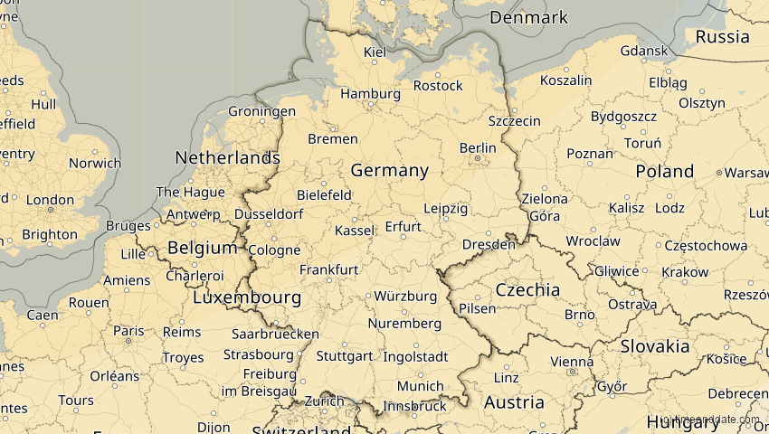A map of Deutschland, showing the path of the 18. Feb 2091 Partielle Sonnenfinsternis