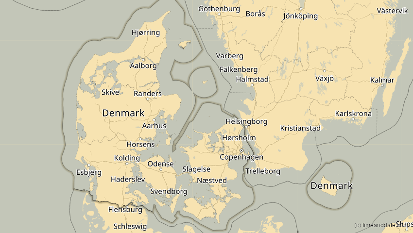 A map of Dänemark, showing the path of the 18. Feb 2091 Partielle Sonnenfinsternis
