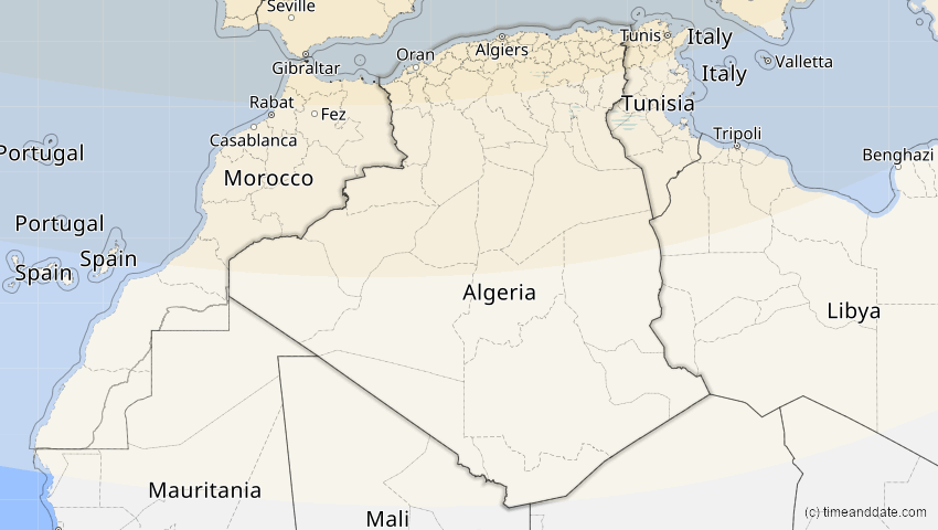 A map of Algerien, showing the path of the 18. Feb 2091 Partielle Sonnenfinsternis