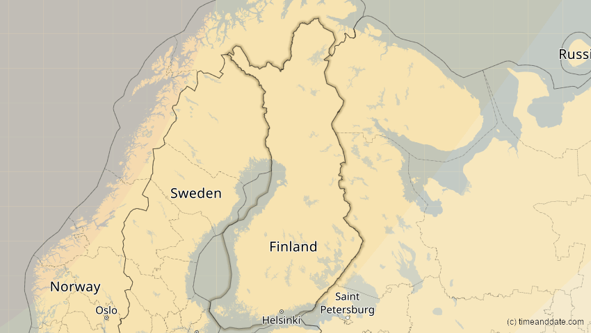 A map of Finnland, showing the path of the 18. Feb 2091 Partielle Sonnenfinsternis