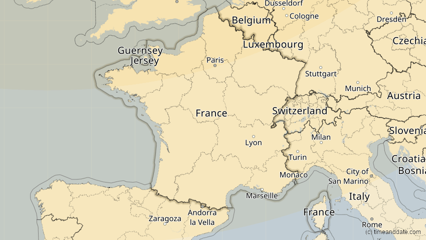 A map of Frankreich, showing the path of the 18. Feb 2091 Partielle Sonnenfinsternis