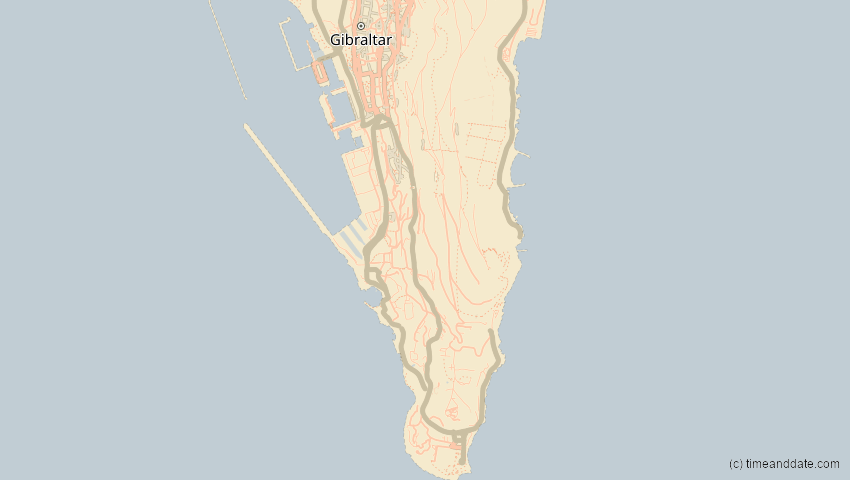 A map of Gibraltar, showing the path of the 18. Feb 2091 Partielle Sonnenfinsternis