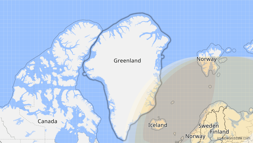 A map of Grönland, showing the path of the 18. Feb 2091 Partielle Sonnenfinsternis