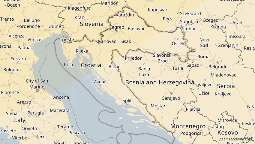 A map of Kroatien, showing the path of the 18. Feb 2091 Partielle Sonnenfinsternis