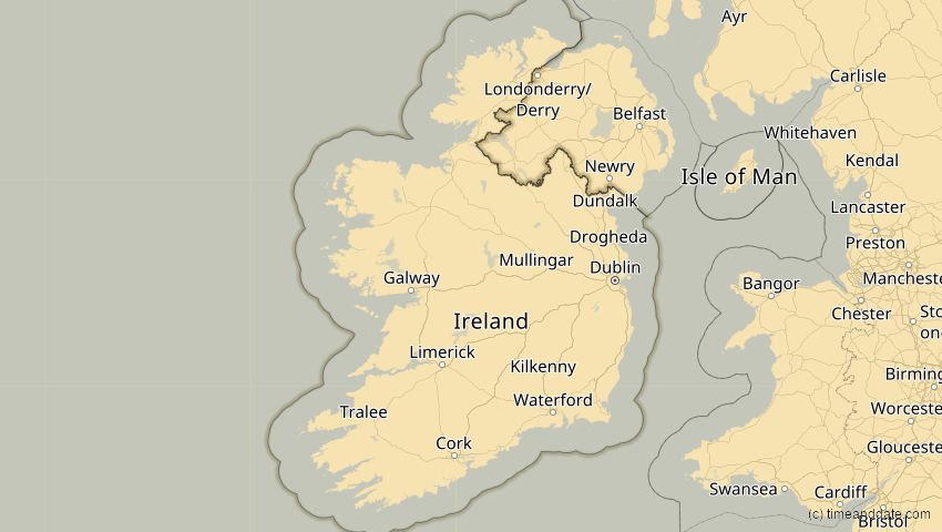A map of Irland, showing the path of the 18. Feb 2091 Partielle Sonnenfinsternis