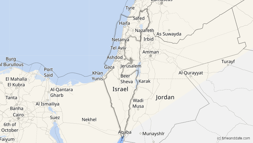 A map of Israel, showing the path of the 18. Feb 2091 Partielle Sonnenfinsternis