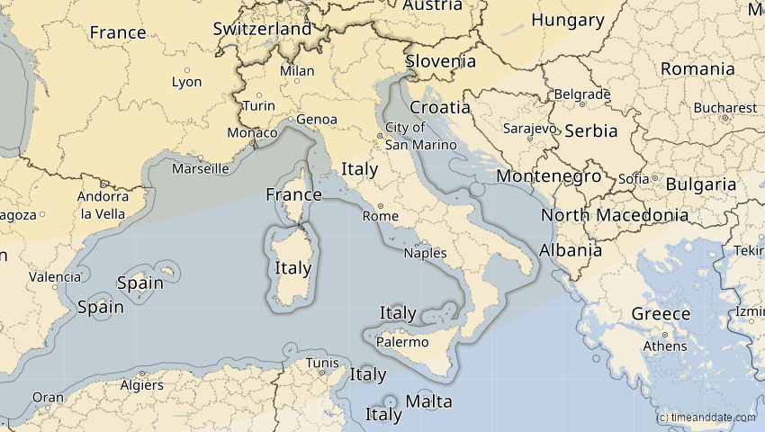 A map of Italien, showing the path of the 18. Feb 2091 Partielle Sonnenfinsternis