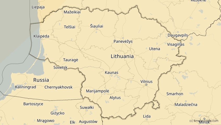 A map of Litauen, showing the path of the 18. Feb 2091 Partielle Sonnenfinsternis