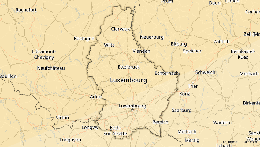 A map of Luxemburg, showing the path of the 18. Feb 2091 Partielle Sonnenfinsternis