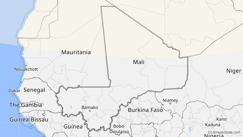 A map of Mali, showing the path of the 18. Feb 2091 Partielle Sonnenfinsternis