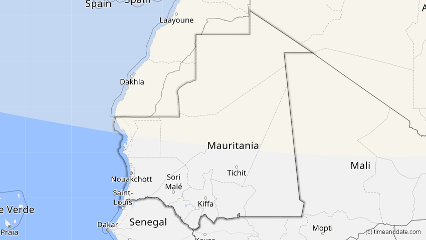 A map of Mauretanien, showing the path of the 18. Feb 2091 Partielle Sonnenfinsternis