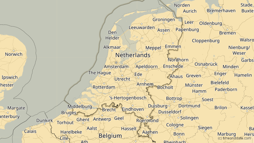 A map of Niederlande, showing the path of the 18. Feb 2091 Partielle Sonnenfinsternis