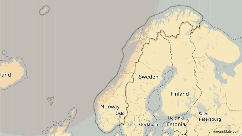A map of Norwegen, showing the path of the 18. Feb 2091 Partielle Sonnenfinsternis